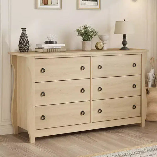 Garvee Natural 6 Drawer Dresser, 47 Wide Boho Dresser Organizer with Curved Legs and Large Storage for Living Room, Bedroom, Entryway, Nursery