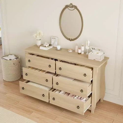 Commode à 6 tiroirs, commode de rangement bohème de 119 cm de large avec pieds incurvés