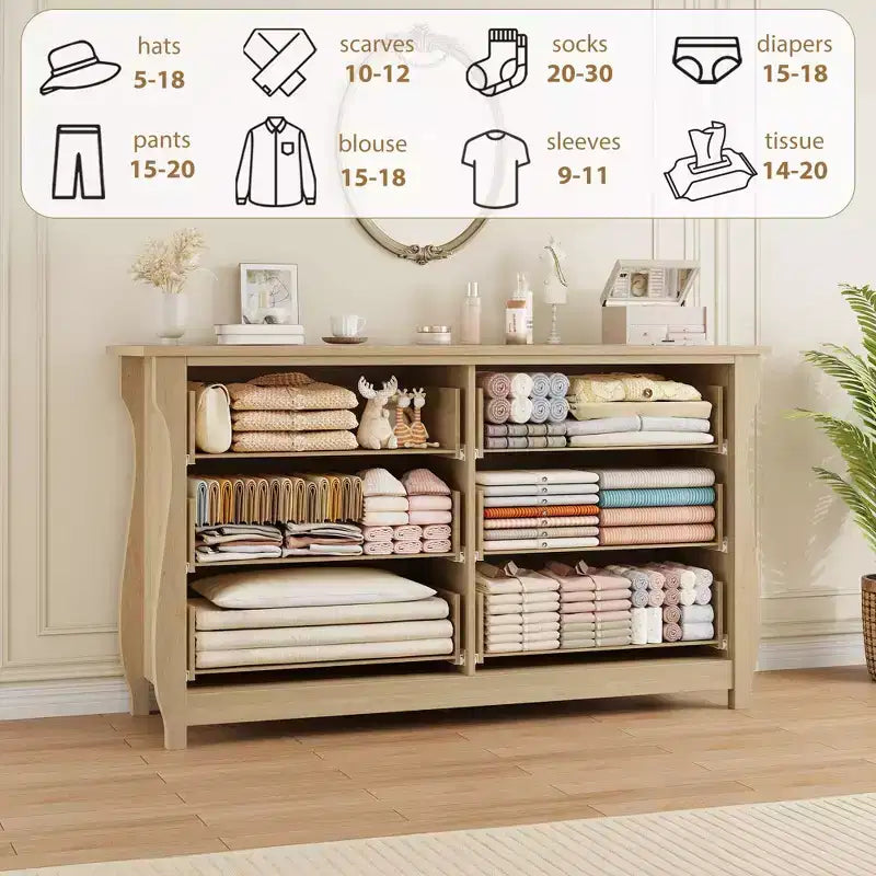Commode à 6 tiroirs, commode de rangement bohème de 119 cm de large avec pieds incurvés