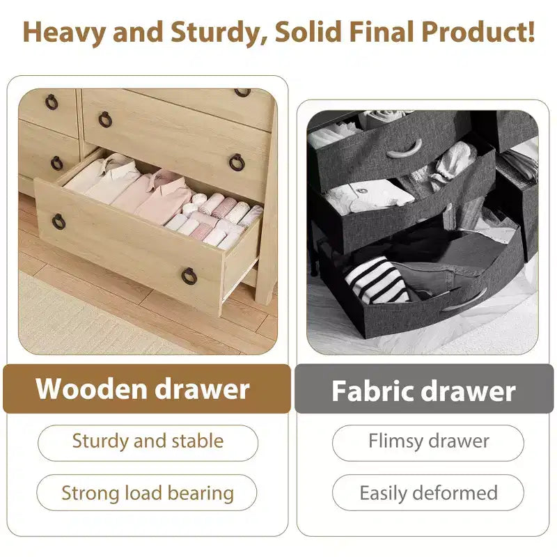 Commode à 6 tiroirs, commode de rangement bohème de 119 cm de large avec pieds incurvés