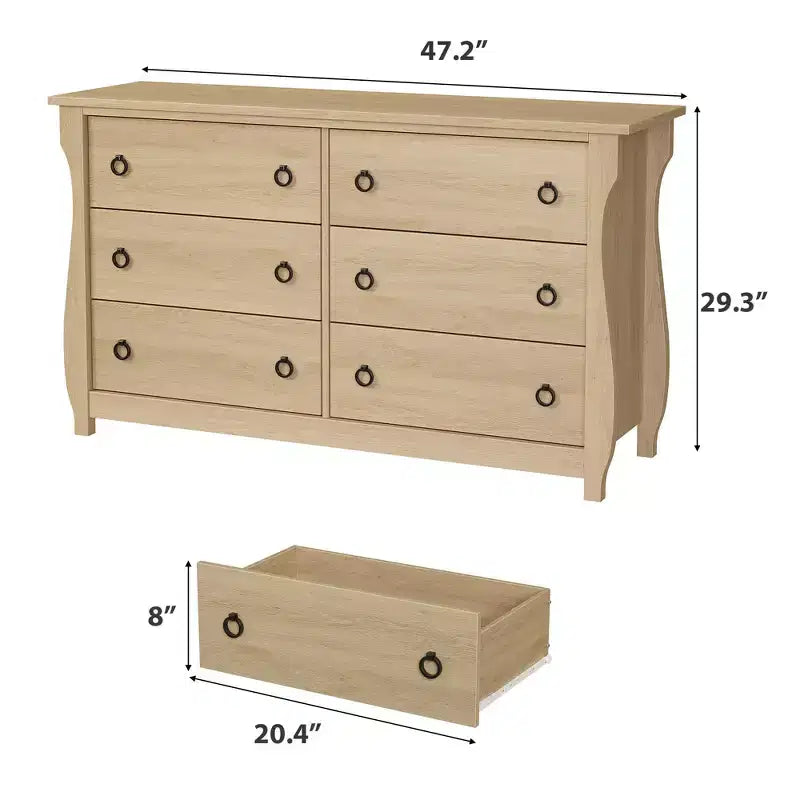 Commode à 6 tiroirs, commode de rangement bohème de 119 cm de large avec pieds incurvés
