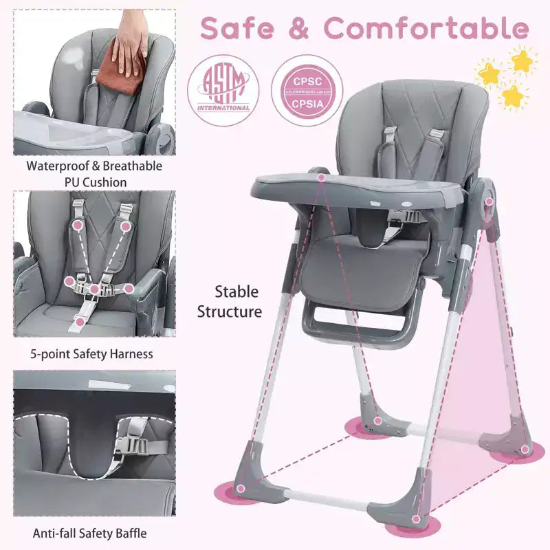 Baby High Chair, Multifunctional Infant Highchairs with Adjustable Height and Recline, Foldable High Chair for Babies & Toddlers, High Chair