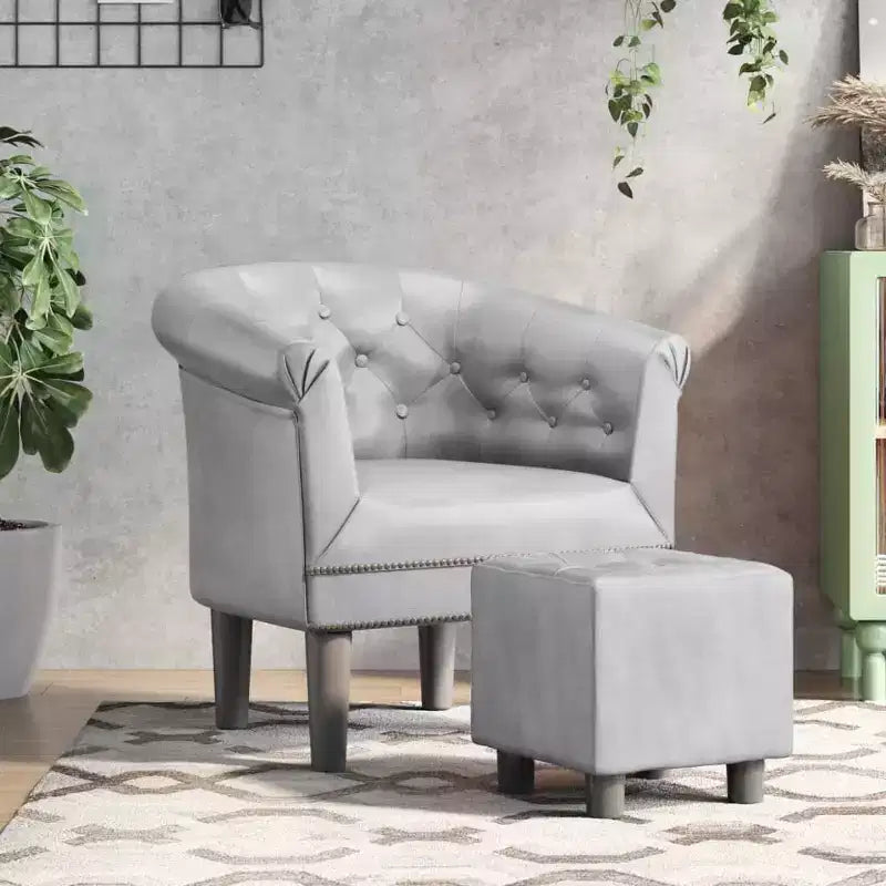 Fauteuil crapaud avec repose-pieds - Design en simili cuir argenté