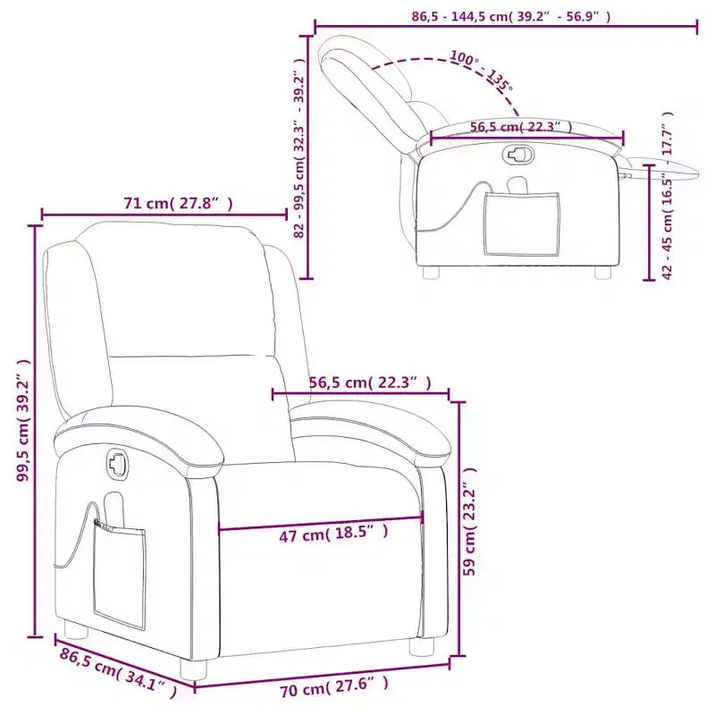 Fauteuil Inclinable Massant avec 6 Points de Vibration, Réglable, Cuir Véritable Noir