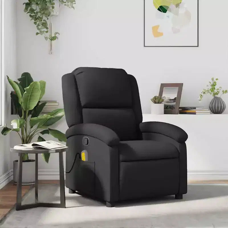 Fauteuil Inclinable Massant avec 6 Points de Vibration, Réglable, Cuir Véritable Noir