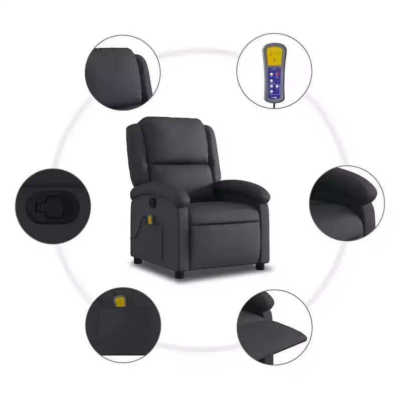 Fauteuil Inclinable Massant avec 6 Points de Vibration, Réglable, Cuir Véritable Noir