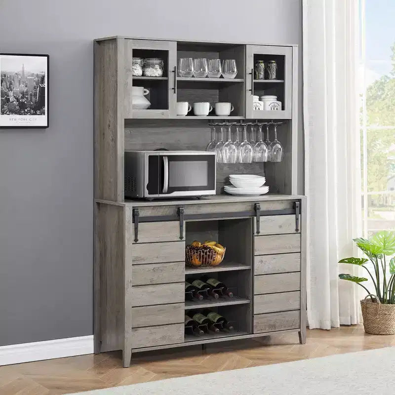 70'' Tall Farmhouse Coffee Bar Cabinet, Kitchen Hutch Storage with Sliding Barn Door, Tall Sideboard Buffet with Wine Rack,Home Bar, Gray