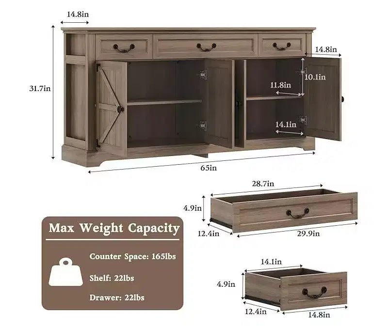 Grand buffet de rangement, buffet de cuisine rustique pour couverts