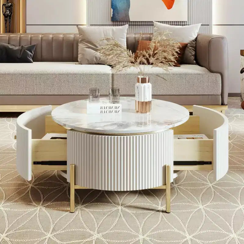 Table Basse Ronde avec Rangement, Table d'Appoint Centrale Moderne avec 2 Grands Tiroirs Dissimulés