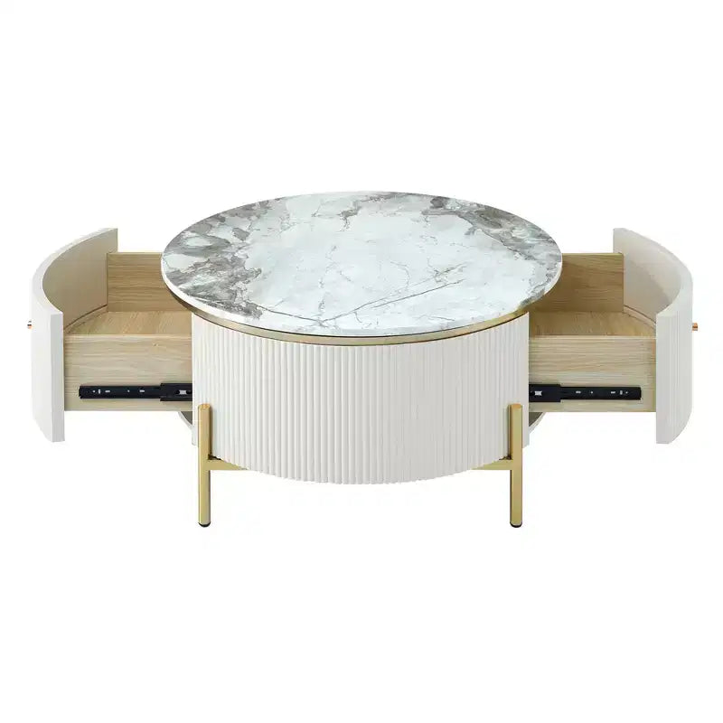Table Basse Ronde avec Rangement, Table d'Appoint Centrale Moderne avec 2 Grands Tiroirs Dissimulés