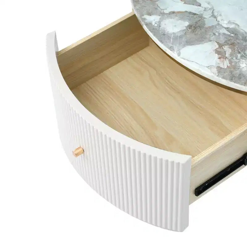 Table Basse Ronde avec Rangement, Table d'Appoint Centrale Moderne avec 2 Grands Tiroirs Dissimulés