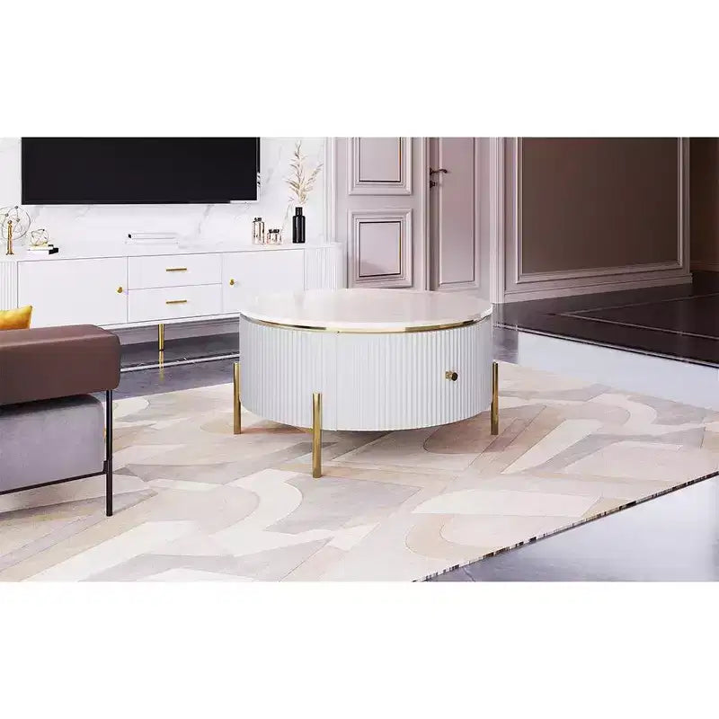 Table Basse Ronde avec Rangement, Table d'Appoint Centrale Moderne avec 2 Grands Tiroirs Dissimulés