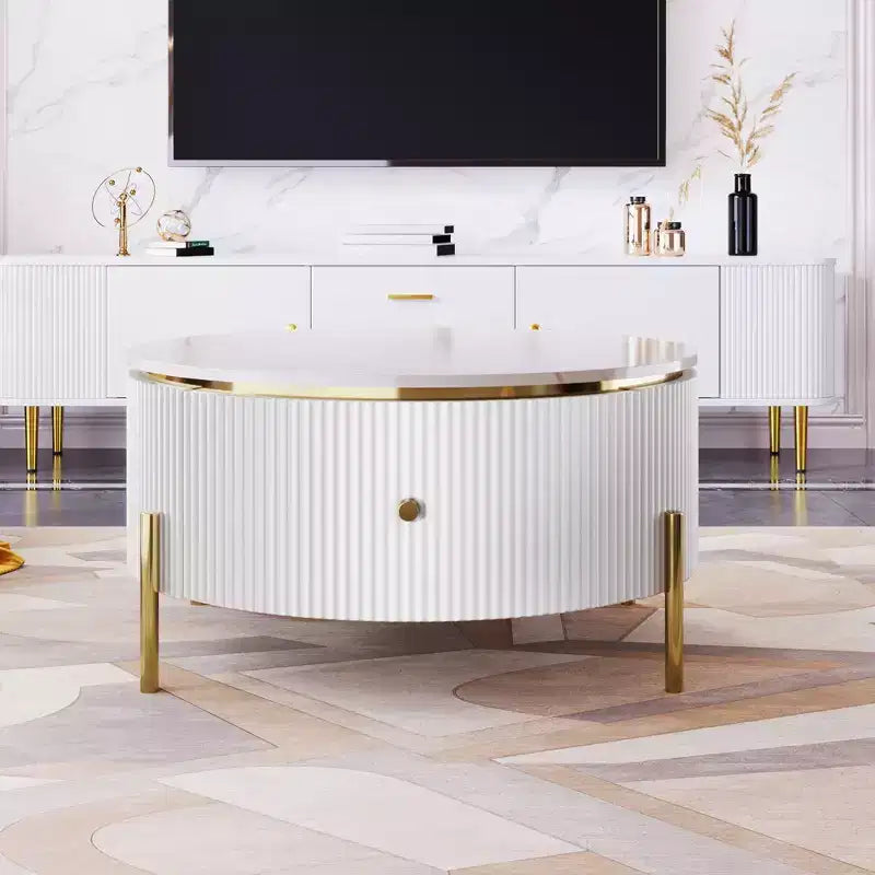 Table Basse Ronde avec Rangement, Table d'Appoint Centrale Moderne avec 2 Grands Tiroirs Dissimulés