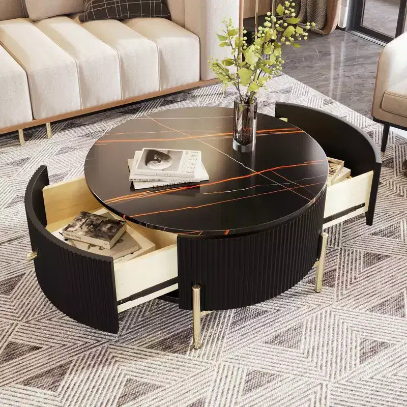 Table Basse Ronde avec Rangement, Table d'Appoint Centrale Moderne avec 2 Grands Tiroirs Dissimulés