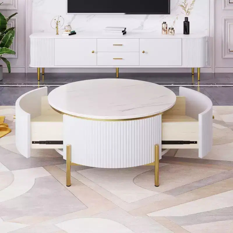 Table Basse Ronde avec Rangement, Table d'Appoint Centrale Moderne avec 2 Grands Tiroirs Dissimulés