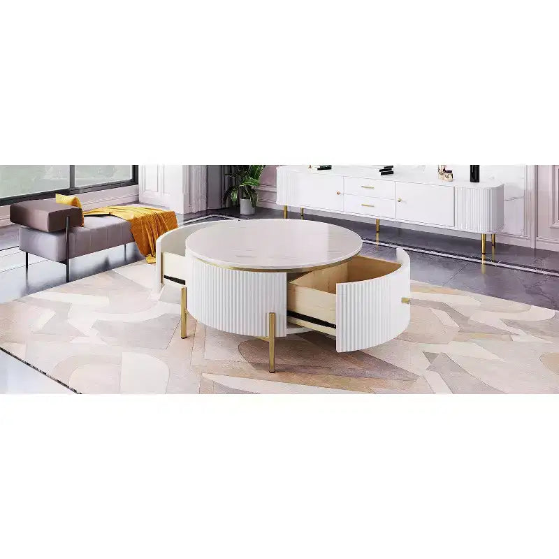 Table Basse Ronde avec Rangement, Table d'Appoint Centrale Moderne avec 2 Grands Tiroirs Dissimulés