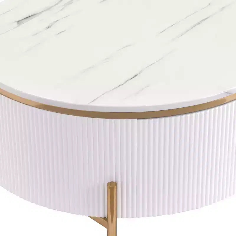 Table Basse Ronde avec Rangement, Table d'Appoint Centrale Moderne avec 2 Grands Tiroirs Dissimulés
