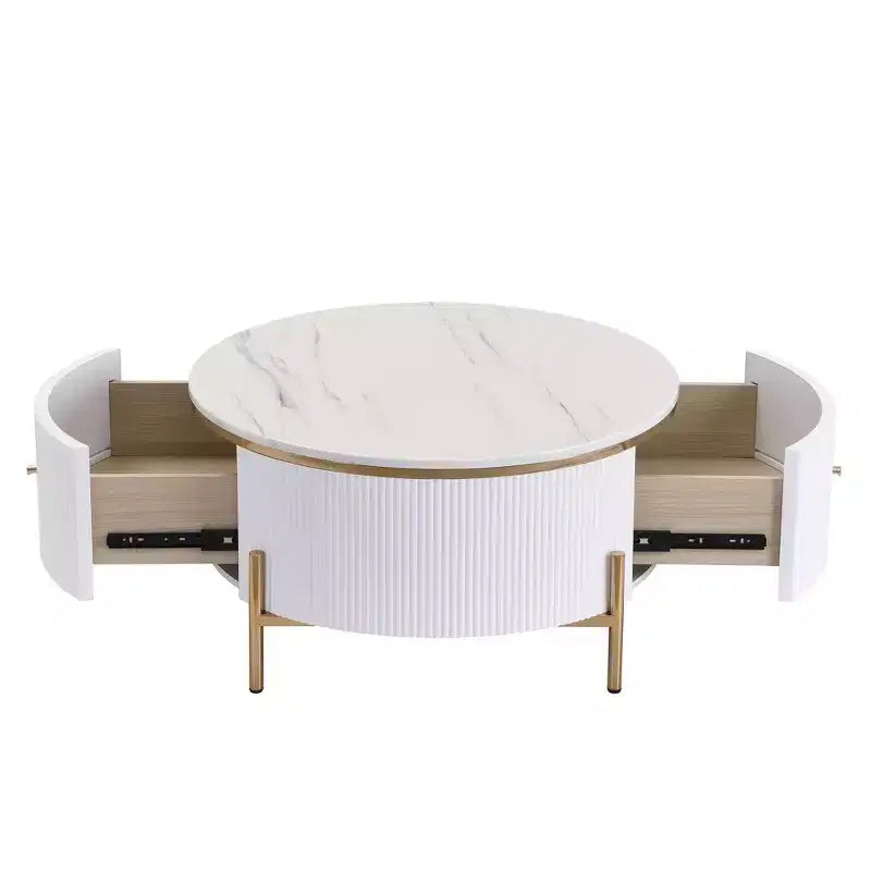 Table Basse Ronde avec Rangement, Table d'Appoint Centrale Moderne avec 2 Grands Tiroirs Dissimulés