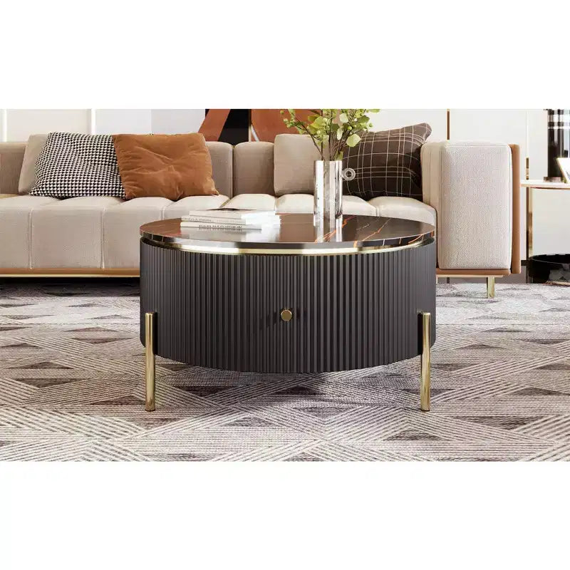 Table Basse Ronde avec Rangement, Table d'Appoint Centrale Moderne avec 2 Grands Tiroirs Dissimulés