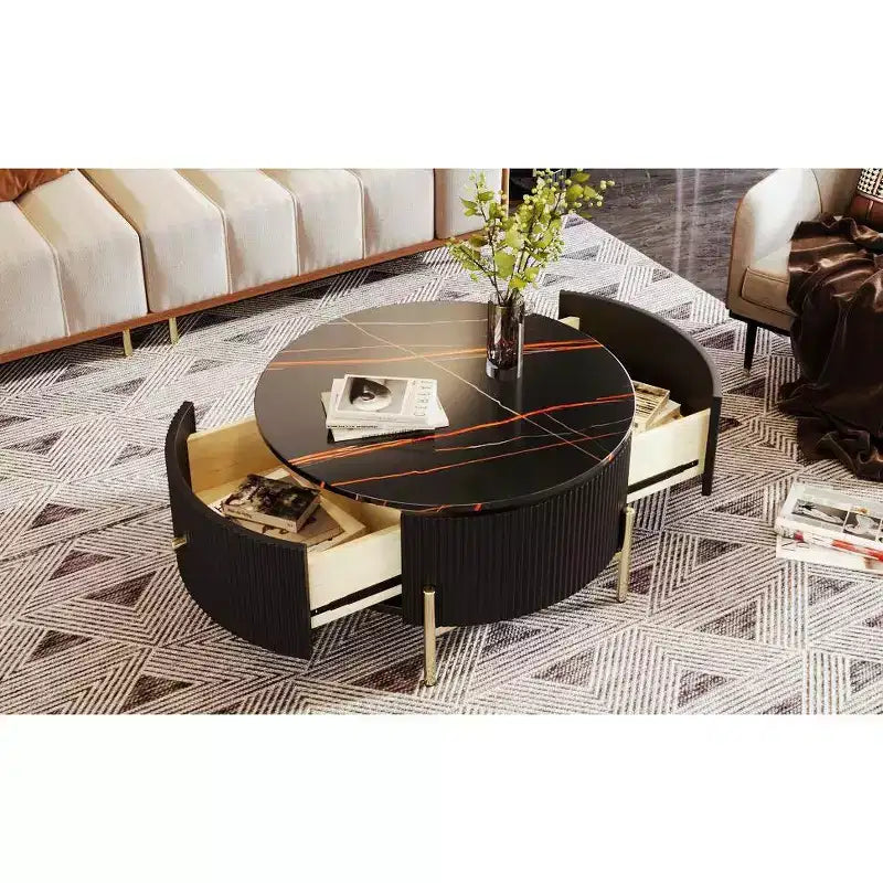 Table Basse Ronde avec Rangement, Table d'Appoint Centrale Moderne avec 2 Grands Tiroirs Dissimulés