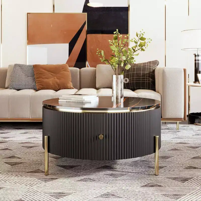 Table Basse Ronde avec Rangement, Table d'Appoint Centrale Moderne avec 2 Grands Tiroirs Dissimulés