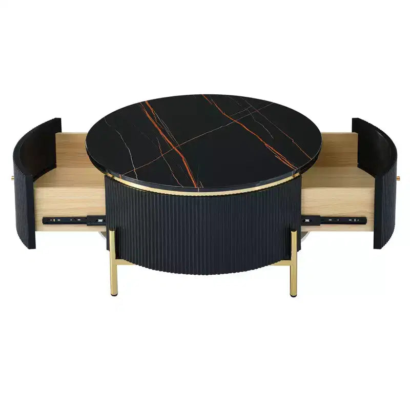 Table Basse Ronde avec Rangement, Table d'Appoint Centrale Moderne avec 2 Grands Tiroirs Dissimulés