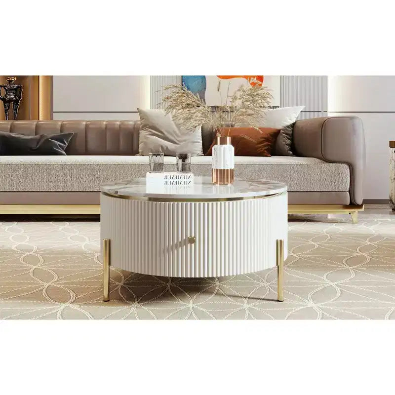 Table Basse Ronde avec Rangement, Table d'Appoint Centrale Moderne avec 2 Grands Tiroirs Dissimulés