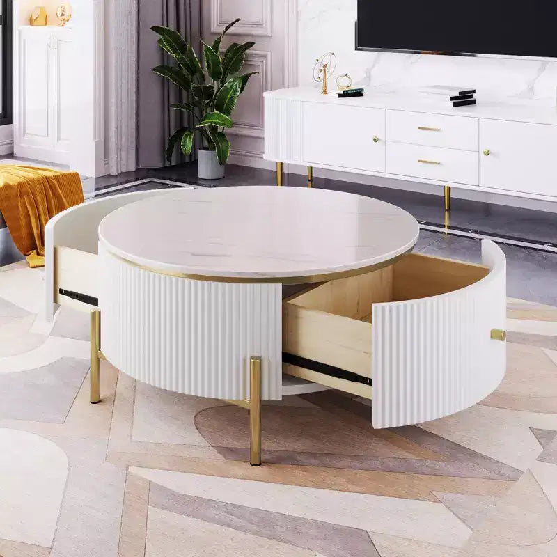 Table Basse Ronde avec Rangement, Table d'Appoint Centrale Moderne avec 2 Grands Tiroirs Dissimulés