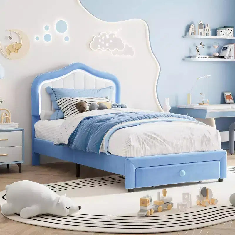 Upholstered Twin Bed Frame with Storage Drawer, Velvet Bed Frame with Headboard for Girls, Boys, No Box Spring Needed, Noise Free, Blue