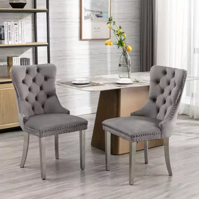 Okak Modern Comfy Dining Chairs Set of 2, Tufted Velvet Upholstery Kitchen Chairs with Chrome Stainless Metal Legs & Nailhead Trim