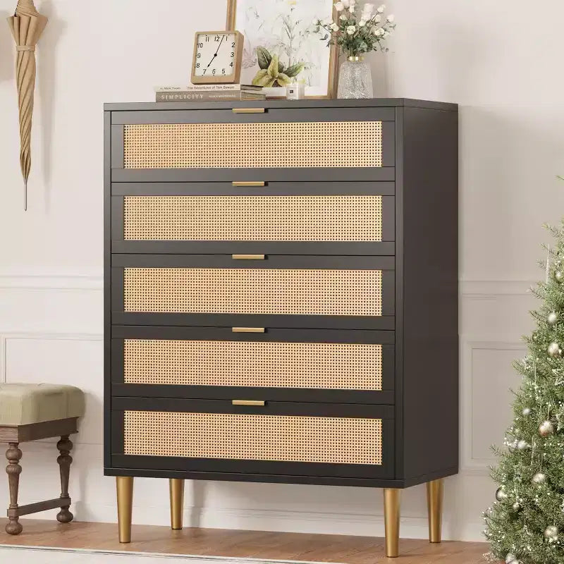 Acekool Tall Rattan 5-Drawer Dresser  Space-Saving Vertical Storage with Metal Accents