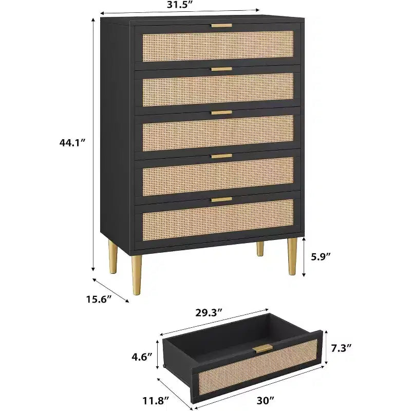 Commode en rotin à 5 tiroirs – Rangement vertical peu encombrant avec accents métalliques