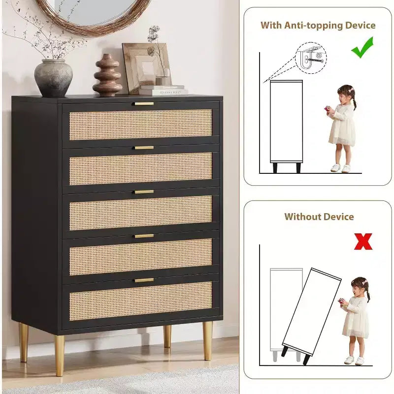 Commode en rotin à 5 tiroirs – Rangement vertical peu encombrant avec accents métalliques