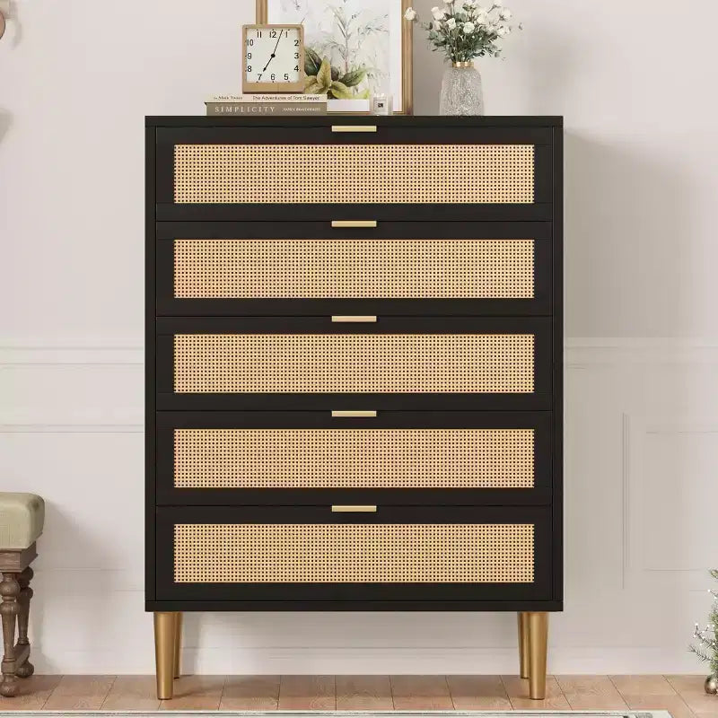 Commode en rotin à 5 tiroirs – Rangement vertical peu encombrant avec accents métalliques