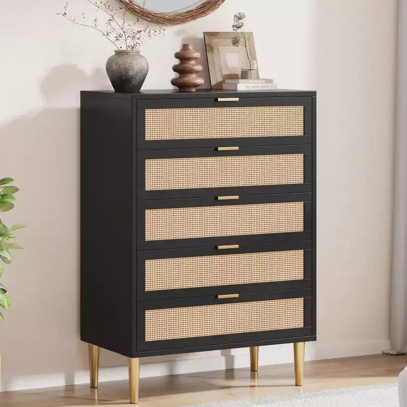 Commode en rotin à 5 tiroirs – Rangement vertical peu encombrant avec accents métalliques