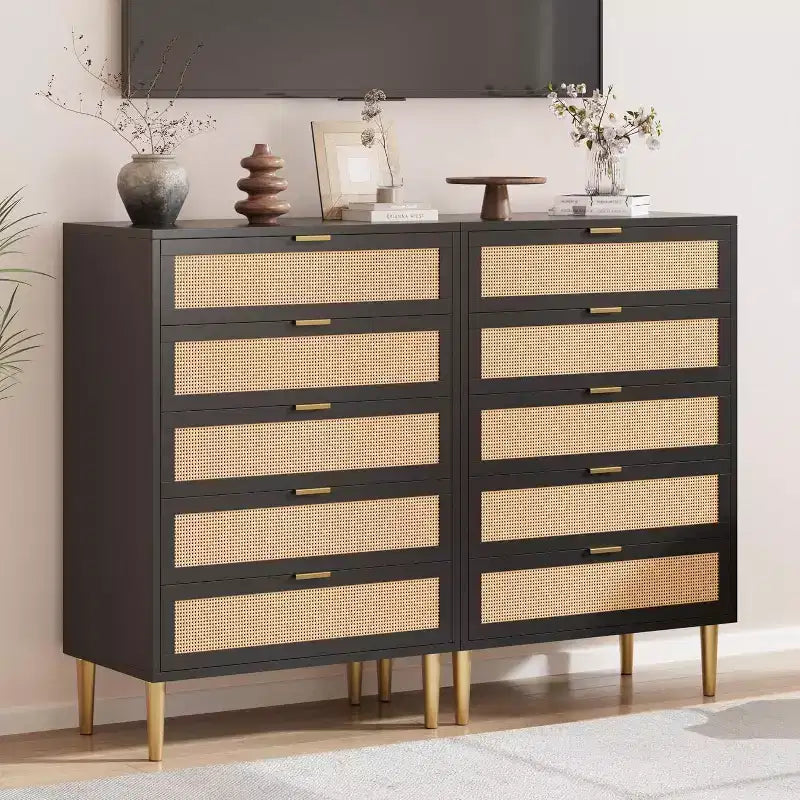 Commode en rotin à 5 tiroirs – Rangement vertical peu encombrant avec accents métalliques