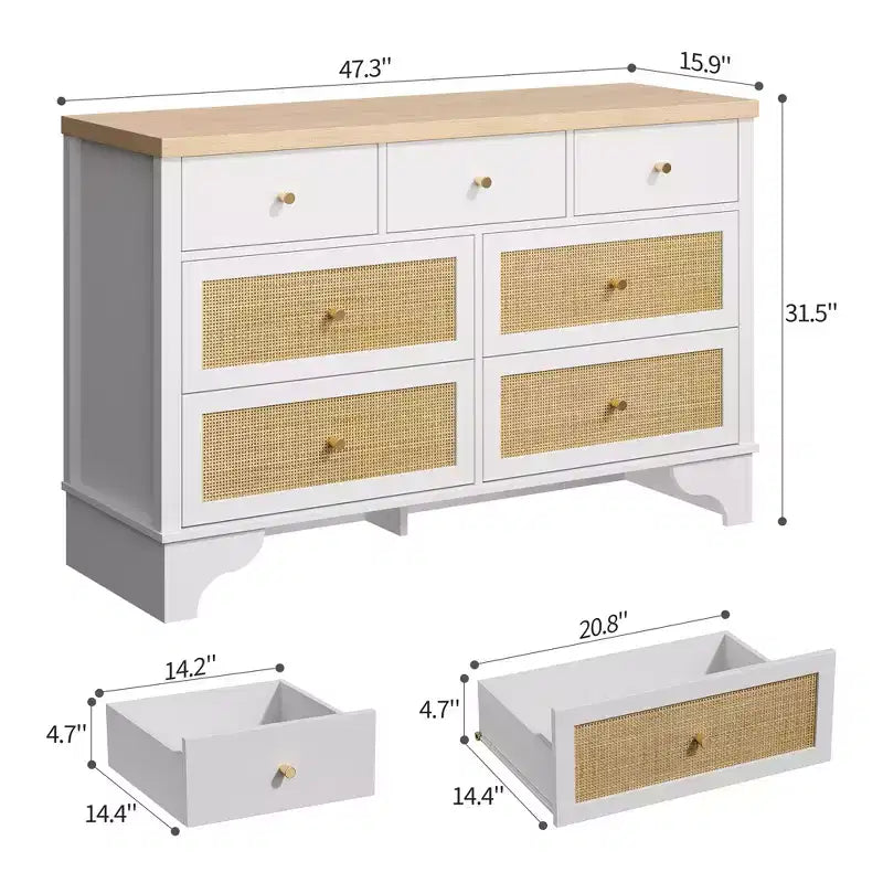 Commode à 7 tiroirs, en rotin naturel, commode et chiffonnier en bois moderne pour chambre à coucher