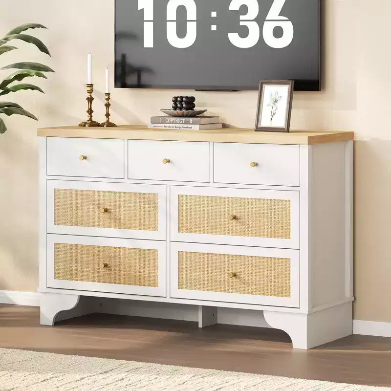 Commode à 7 tiroirs, en rotin naturel, commode et chiffonnier en bois moderne pour chambre à coucher