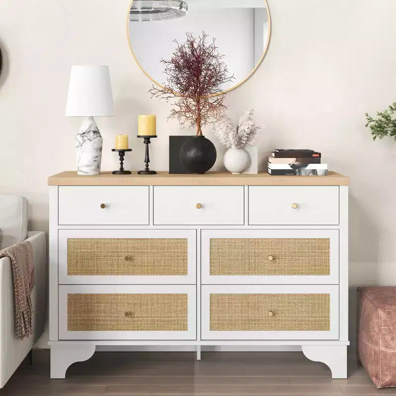 Commode à 7 tiroirs, en rotin naturel, commode et chiffonnier en bois moderne pour chambre à coucher
