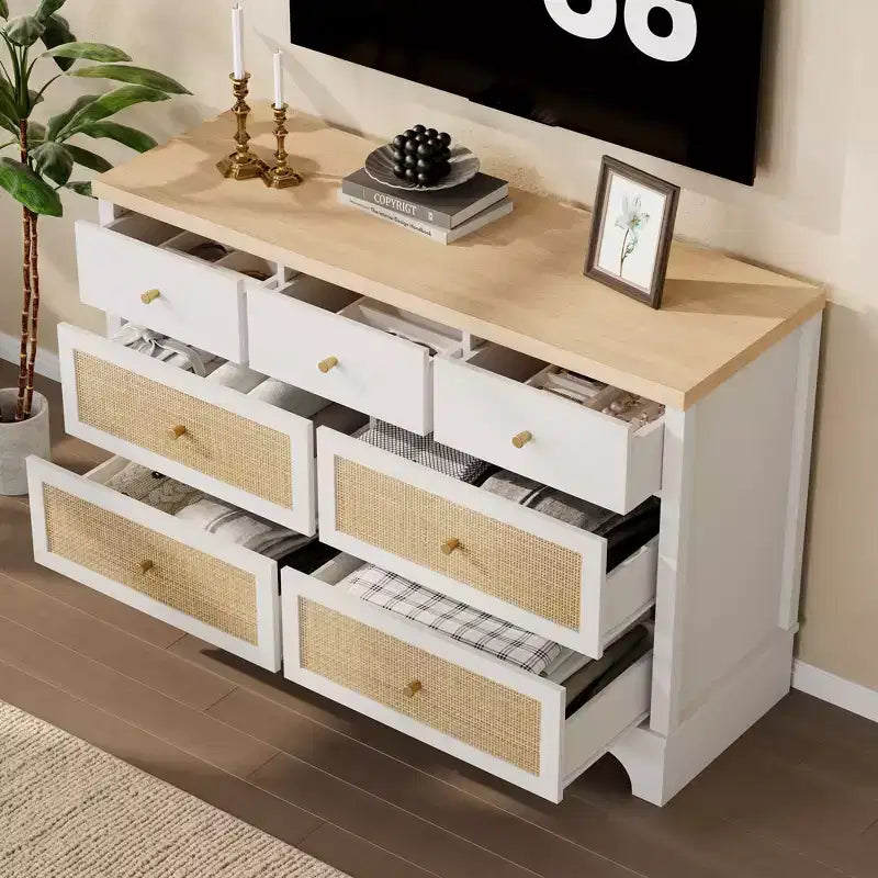 Commode à 7 tiroirs, en rotin naturel, commode et chiffonnier en bois moderne pour chambre à coucher