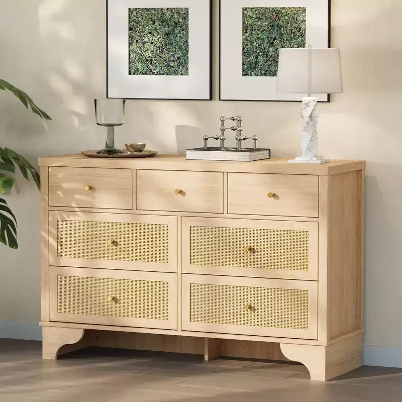 Commode à 7 tiroirs, en rotin naturel, commode et chiffonnier en bois moderne pour chambre à coucher
