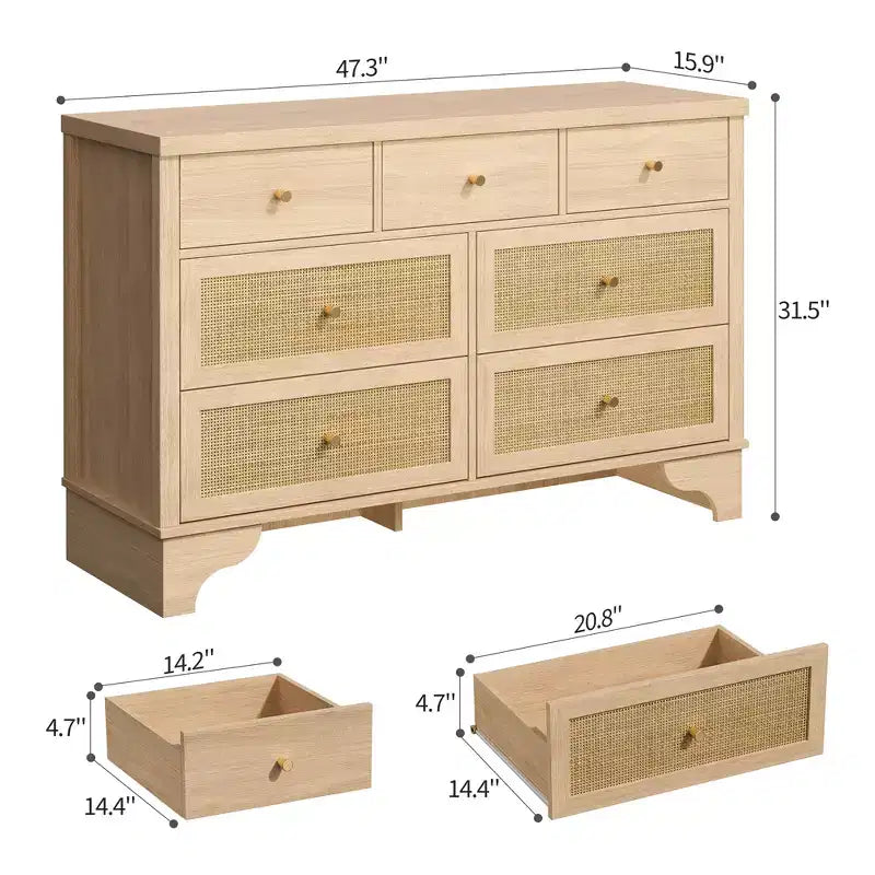 Commode à 7 tiroirs, en rotin naturel, commode et chiffonnier en bois moderne pour chambre à coucher