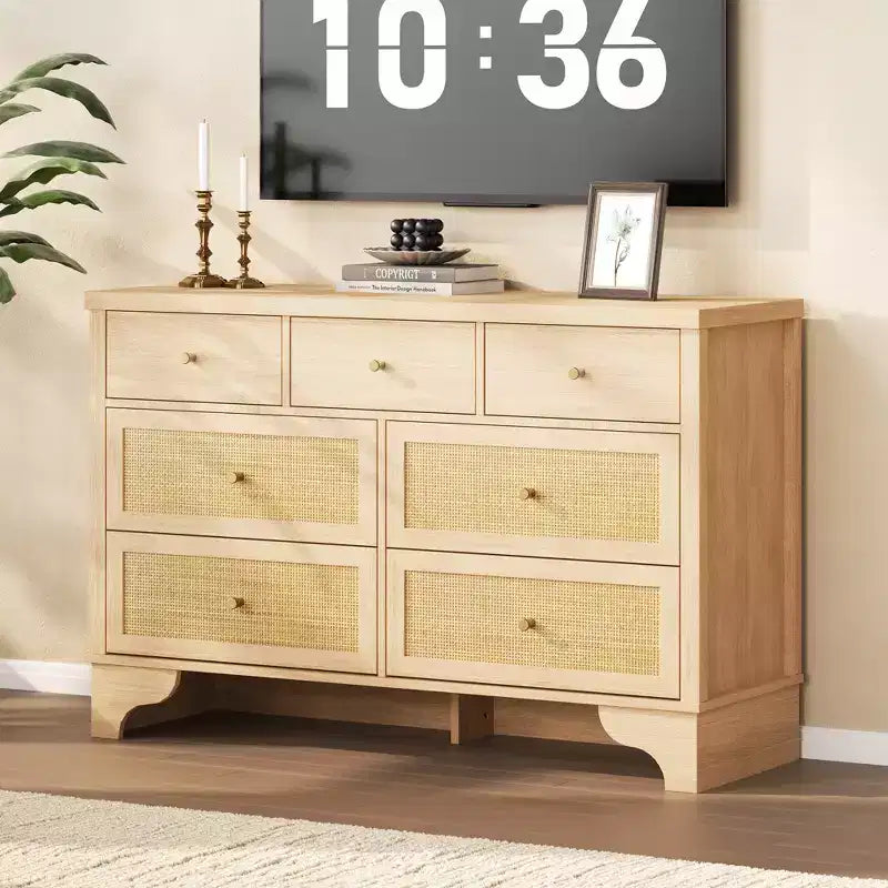 Commode à 7 tiroirs, en rotin naturel, commode et chiffonnier en bois moderne pour chambre à coucher