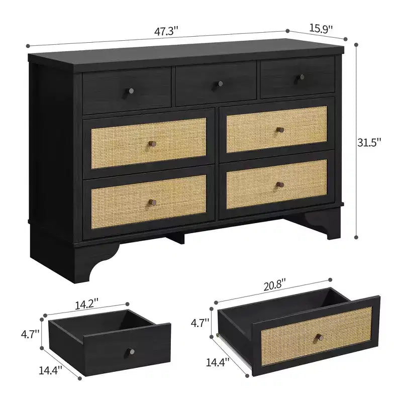 Commode à 7 tiroirs, en rotin naturel, commode et chiffonnier en bois moderne pour chambre à coucher
