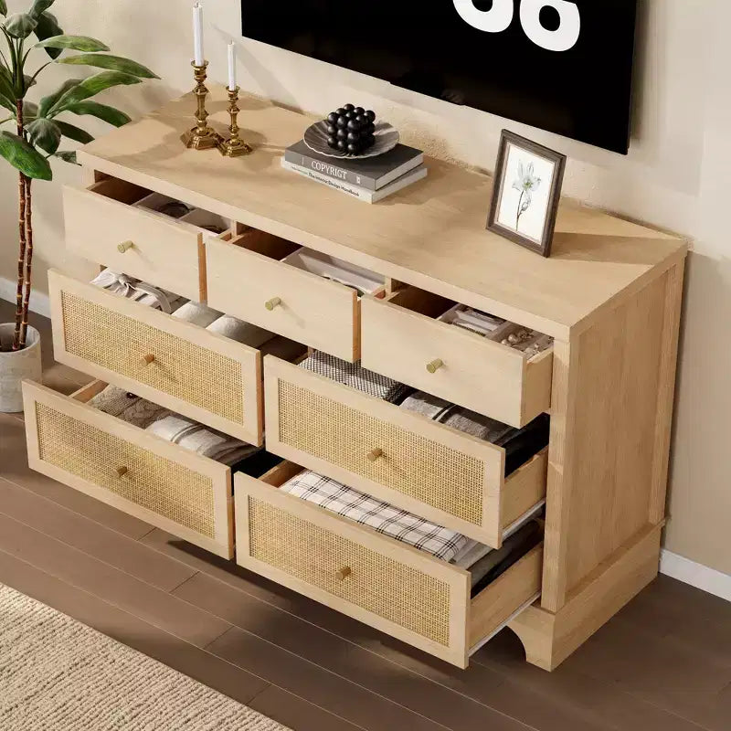 Commode à 7 tiroirs, en rotin naturel, commode et chiffonnier en bois moderne pour chambre à coucher