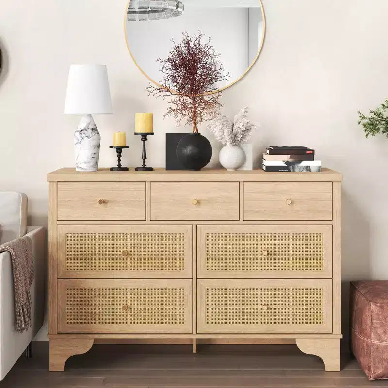 Commode à 7 tiroirs, en rotin naturel, commode et chiffonnier en bois moderne pour chambre à coucher