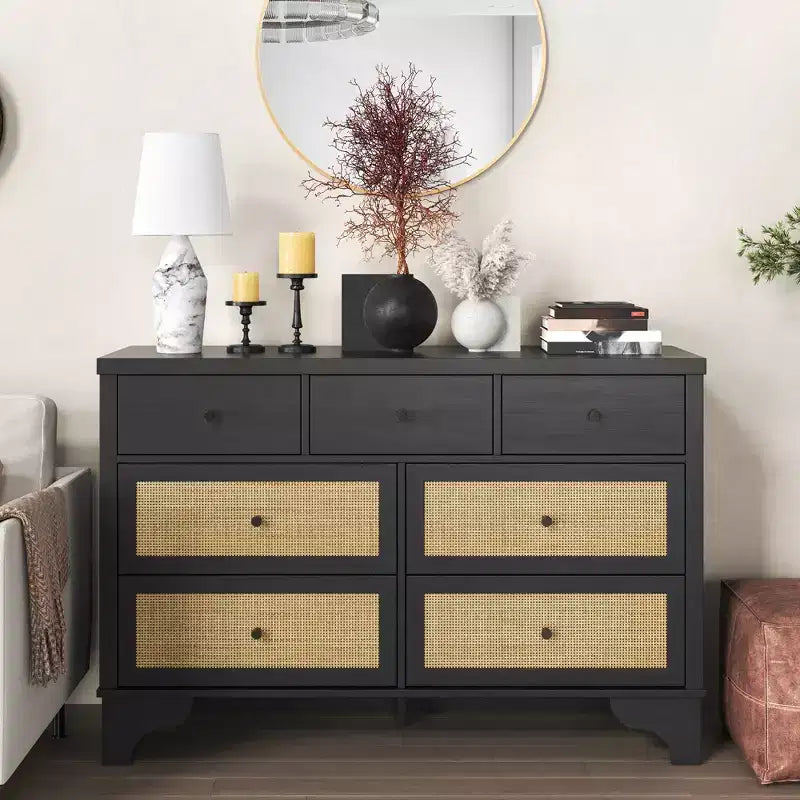 Commode à 7 tiroirs, en rotin naturel, commode et chiffonnier en bois moderne pour chambre à coucher