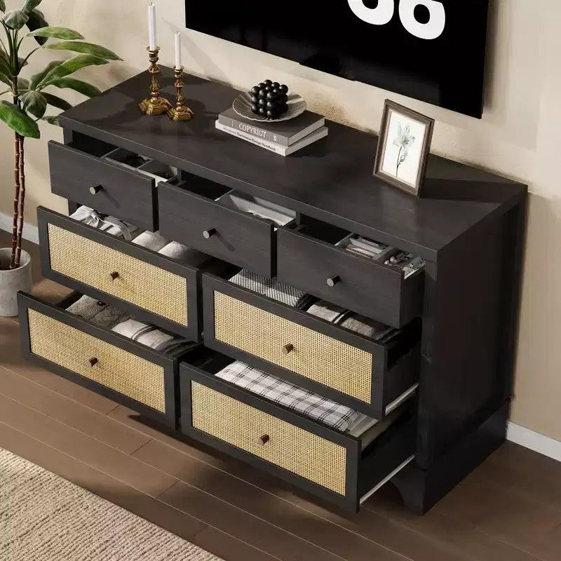 Commode à 7 tiroirs, en rotin naturel, commode et chiffonnier en bois moderne pour chambre à coucher