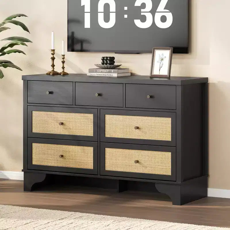 Commode à 7 tiroirs, en rotin naturel, commode et chiffonnier en bois moderne pour chambre à coucher