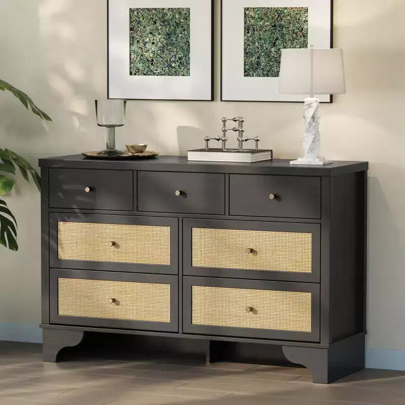 Commode à 7 tiroirs, en rotin naturel, commode et chiffonnier en bois moderne pour chambre à coucher